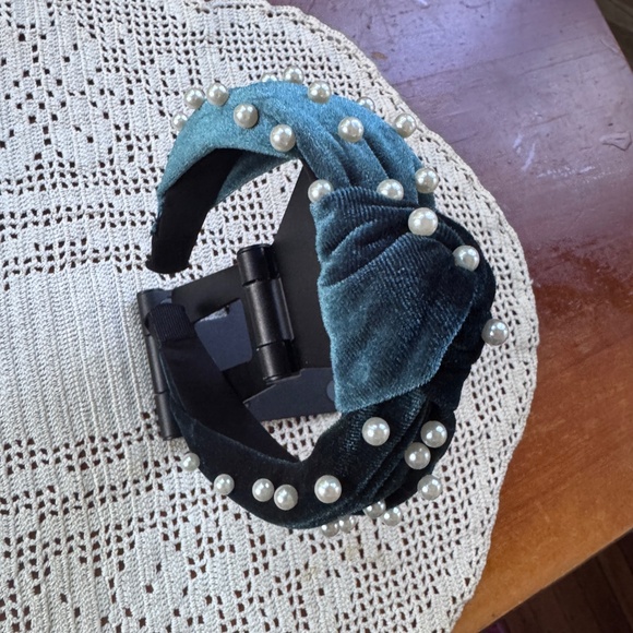 New Headband, Green Velvet with Pearls, Handmade main image 6